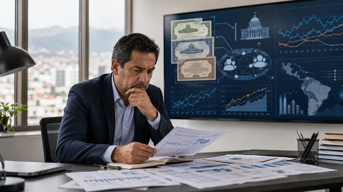 Worker reviewing retirement savings while government debt indicators dominate the financial environment.