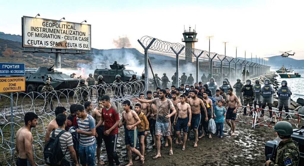 Migrants gathered near a fortified European border under heavy security during a migration crisis.