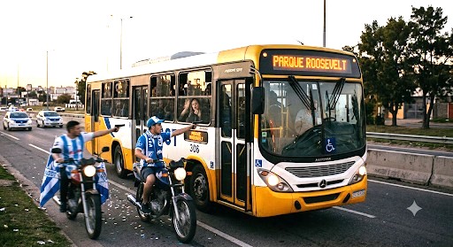 City bus traveling through Montevideo traffic accompanied by motorcycles and a car, evoking tension and weakened public order.
