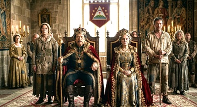 An allegorical royal couple seated on thrones while ordinary citizens stand around them in a stark medieval hall.