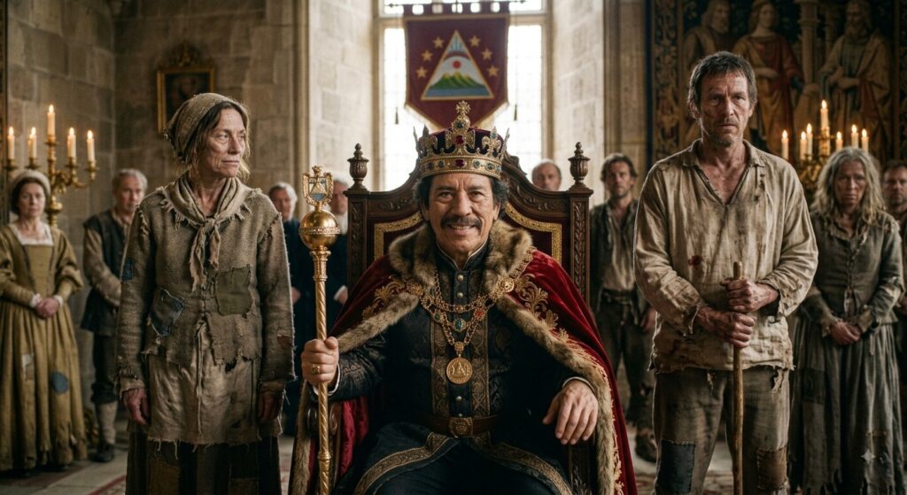 Crowned ruler seated on a throne surrounded by impoverished citizens, symbolizing concentrated and dynastic political power.