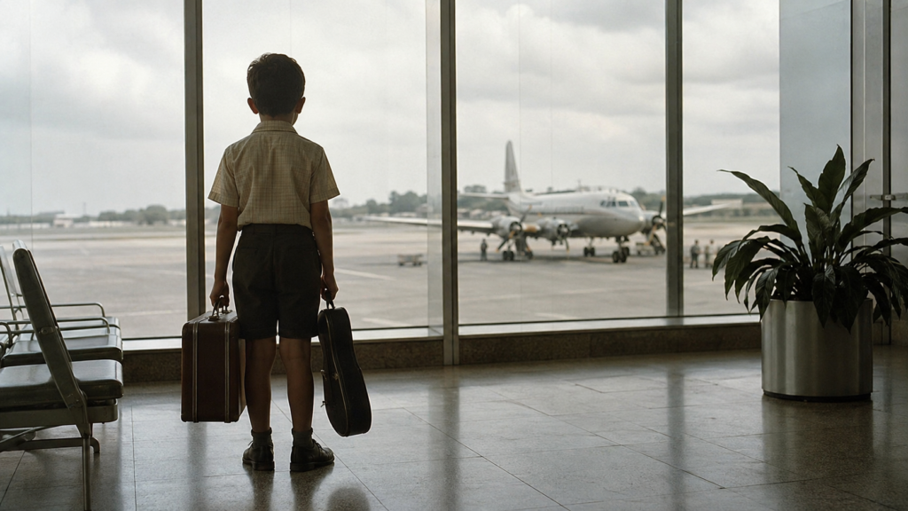 Young Cuban boy with a suitcase and violin case watching an airplane from an airport terminal.