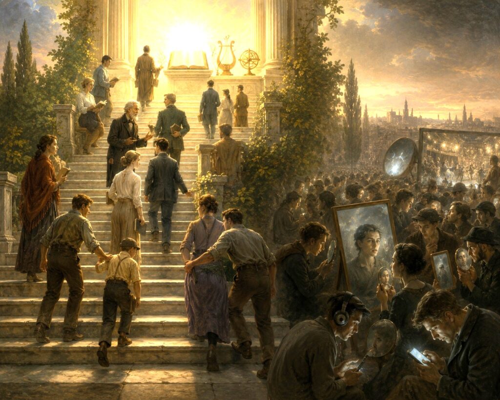 Allegorical crowd divided between a luminous ascent toward knowledge and a darker mass absorbed in screens, mirrors, and mediated images.