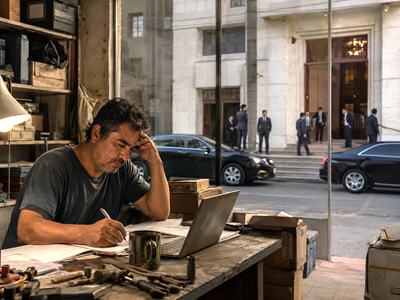 Small business owner working in a modest urban setting contrasted with visible signs of institutional privilege.