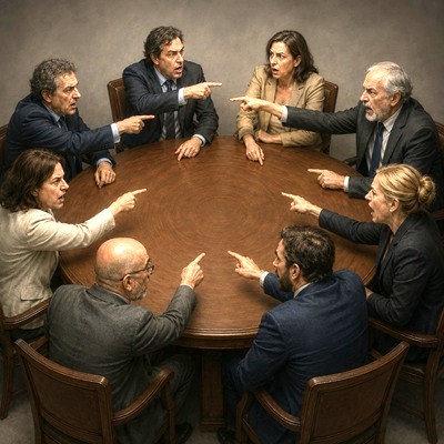 Anonymous adults around a round table pointing accusingly at one another in a closed circle of blame.