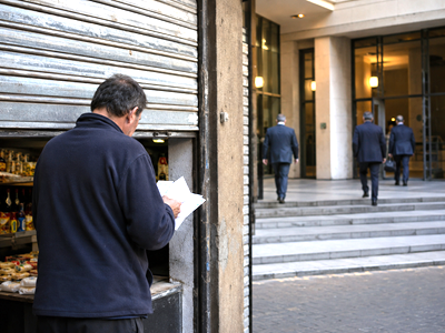 Small business owner reviewing expenses as public officials enter a modern administrative building in Uruguay.