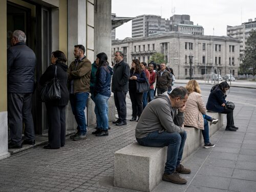 Uruguayan citizens near a public institution in a scene reflecting tension between political promises, fiscal constraints and public trust.