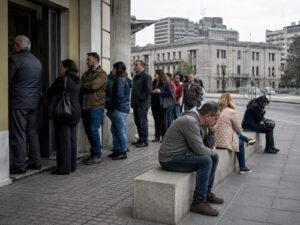 Uruguayan citizens near a public institution in a scene reflecting tension between political promises, fiscal constraints and public trust.