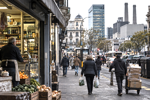 Small business and pedestrians on a Montevideo street reflecting economic stagnation and the burden of protected interests.
