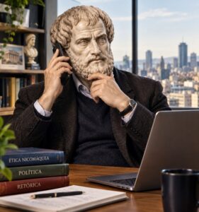 Aristotle-inspired classical philosopher figure in a modern office with a phone, laptop and books on politics, ethics and rhetoric.