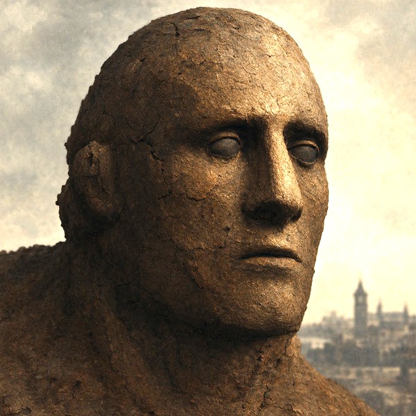 Weathered clay humanoid head with cracked features against a distant city skyline, evoking the Golem and debates over artificial intelligence.
