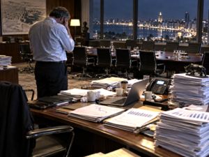 Anonymous government official facing unsold sovereign debt papers in a late-night economics office in Montevideo.