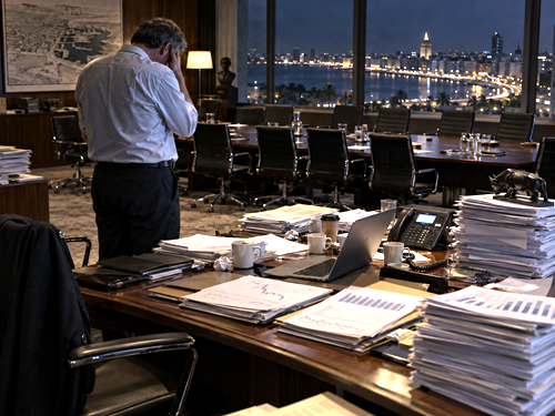 Anonymous government official facing unsold sovereign debt papers in a late-night economics office in Montevideo.