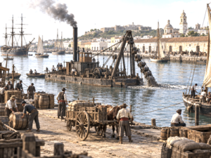 Early steam dredger and maritime activity in Montevideo Bay during the 1830s.