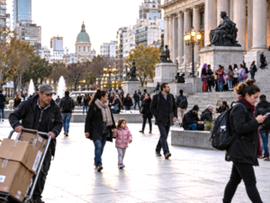 Urban public space contrasting everyday material concerns with contemporary cultural and identity debates.