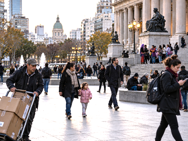 Urban public space contrasting everyday material concerns with contemporary cultural and identity debates.