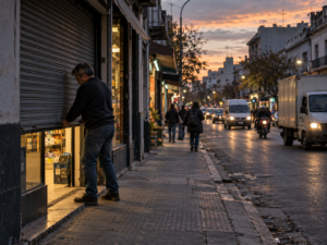 Small business closing at dusk in an urban Uruguayan neighborhood, illustrating economic and fiscal pressure.