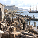 Workers and cargo at a 19th-century South Atlantic port linked to trade between Montevideo and the Falkland Islands.