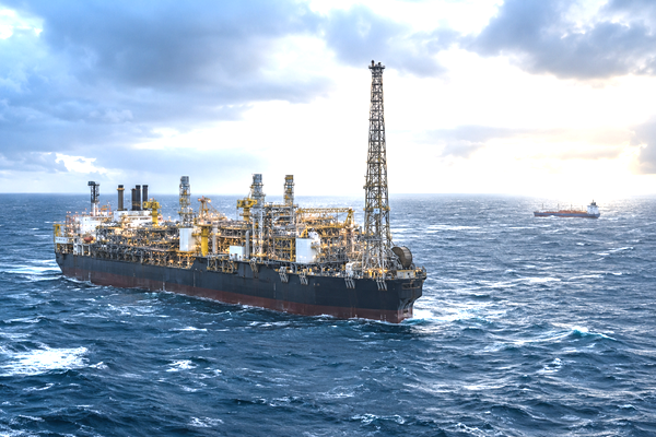 Offshore oil production and support vessels in the South Atlantic illustrating the Sea Lion project and its geopolitical and logistical context.