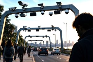 Surveillance camera gantries monitoring vehicles and pedestrians on an urban access road in Montevideo.