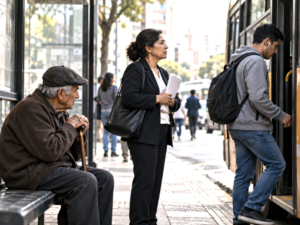 Three generations in an urban setting representing pensions, public-sector employment transition, and social protection.