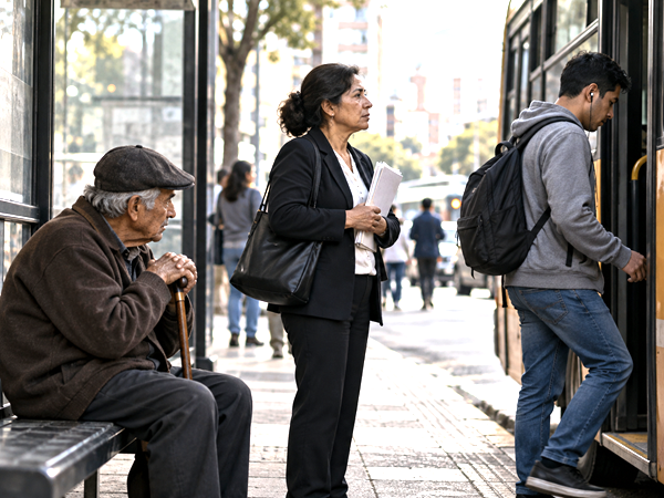 Three generations in an urban setting representing pensions, public-sector employment transition, and social protection.