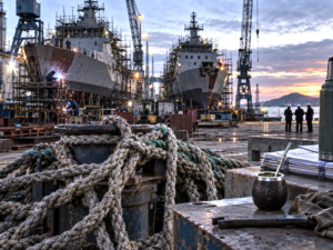 Two partially built offshore patrol vessels at an Atlantic shipyard surrounded by cranes and scaffolding.