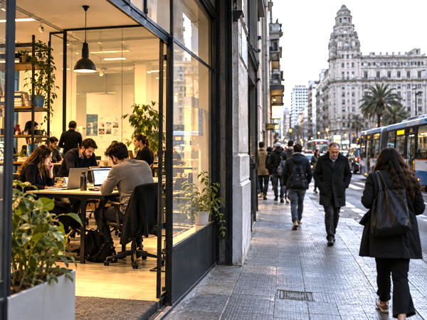 Young professionals working in a modern Montevideo business environment amid signs of economic and institutional pressure.