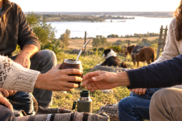 Anonymous people sharing mate outdoors in a Uruguayan landscape, evoking the country’s diverse cultural roots.