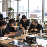 Professionals and skilled workers collaborating in a productive workspace in Montevideo with urban and port activity in the background.