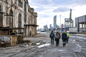 Aging urban and industrial infrastructure in Montevideo contrasted with anonymous workers moving toward a modern economic environment.