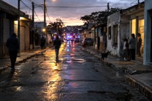 Residents in a working-class Uruguayan neighborhood at dusk amid signs of insecurity and distant police activity.