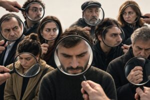Crowd of people being examined through magnifying glasses, symbolizing mass surveillance and loss of privacy.
