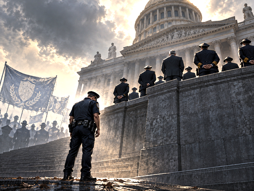Satirical editorial scene about police union rights, hierarchy and political discipline in Uruguay.
