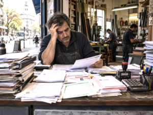 Small private business in Montevideo under regulatory and fiscal pressure.