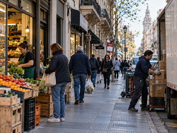 Consumers and commercial activity illustrating the link between consumption, employment and economic growth.