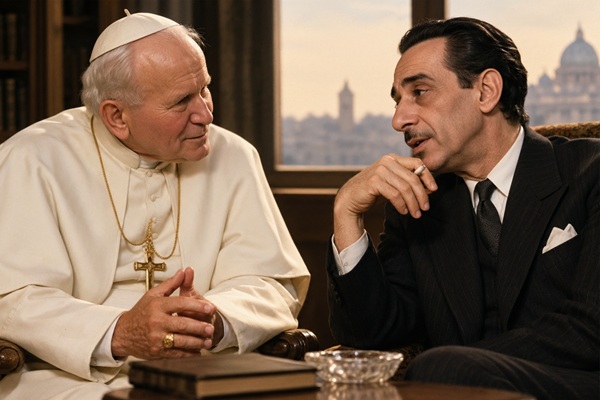 Editorial composition featuring Enrique Santos Discépolo and John Paul II in a reflection on the right to life.