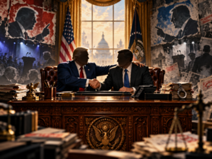 Satirical political scene symbolizing Geraldo Alckmin’s shift from Lula critic to governing ally.