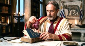Roman haruspex examining entrails over books and papers, with a Uruguayan flag in the background.