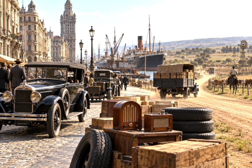 Early twentieth-century Uruguay connected by automobiles, radio and commercial networks bringing modern technology from Montevideo to the interior.