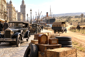 Early twentieth-century Uruguay connected by automobiles, radio and commercial networks bringing modern technology from Montevideo to the interior.