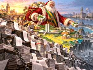 Satirical political Santa Claus distributing public money amid fiscal documents and debt.