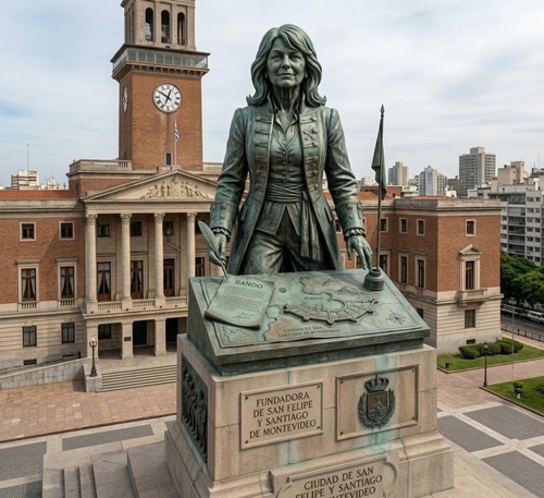 Bronze female founder statue before a historic civic building in Montevideo.