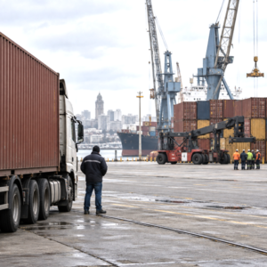 Idle cargo terminal in Montevideo with containers, dock equipment and a waiting freight truck during a port stoppage.