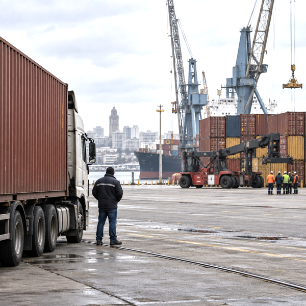 Idle cargo terminal in Montevideo with containers, dock equipment and a waiting freight truck during a port stoppage.