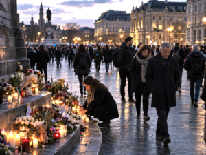 A city square at dusk with candles and flowers near the remains of a public demonstration, reflecting social polarization and moral conflict.