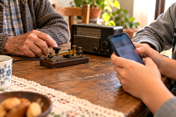 Vintage Morse telegraph key and modern smartphone shared by two generations in a Montevideo home.