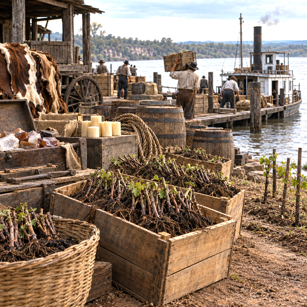 Grapevine cuttings arriving at a 19th-century riverside loading area in Salto, surrounded by goods that evoke Pascual Harriague’s diverse business activities.