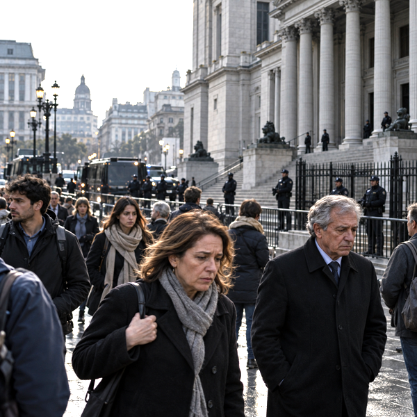 Citizens in an urban civic setting reflecting the consequences of political corruption.