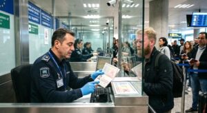 Border-control officer checking a passport at an international immigration checkpoint.